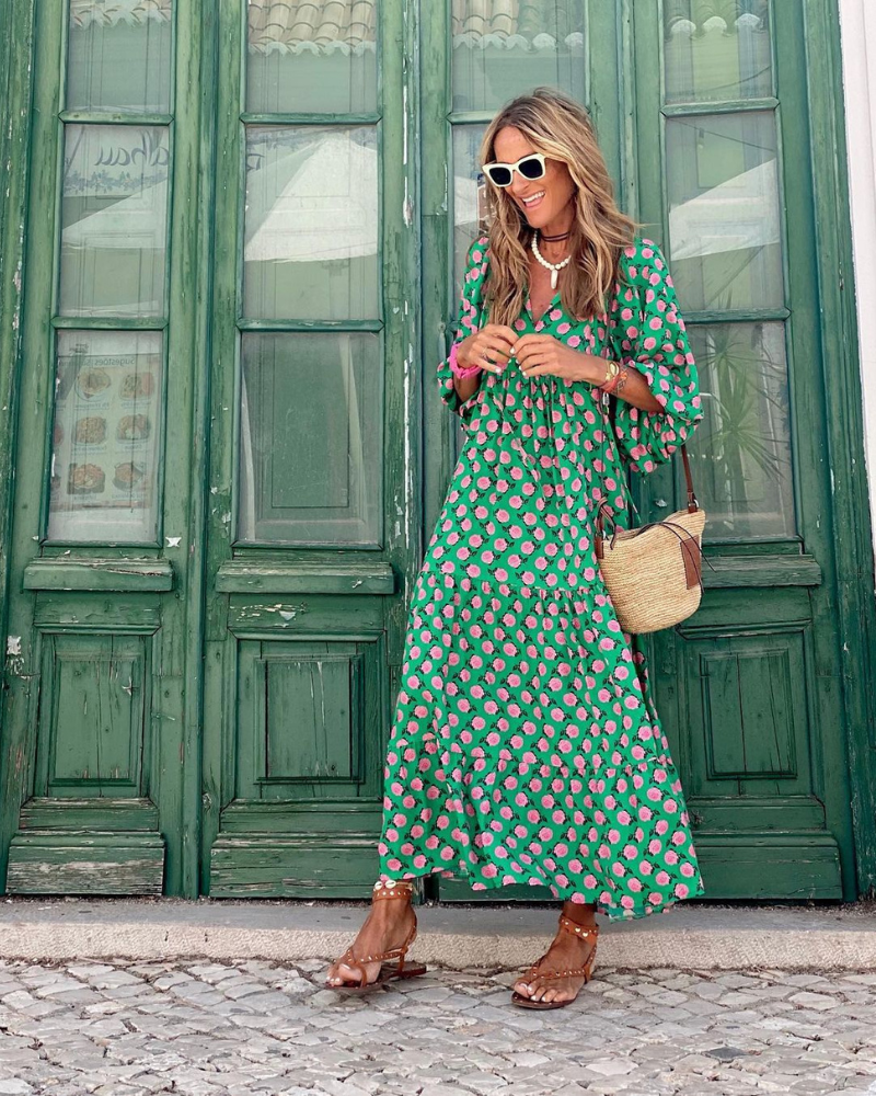 Mirella | Robe longue verte femme imprimé coupe ample style fluide élégant été