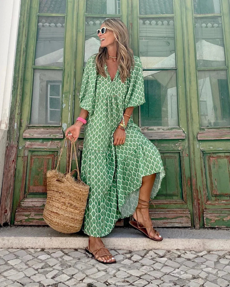 Mirella | Robe longue verte femme imprimé coupe ample style fluide élégant été