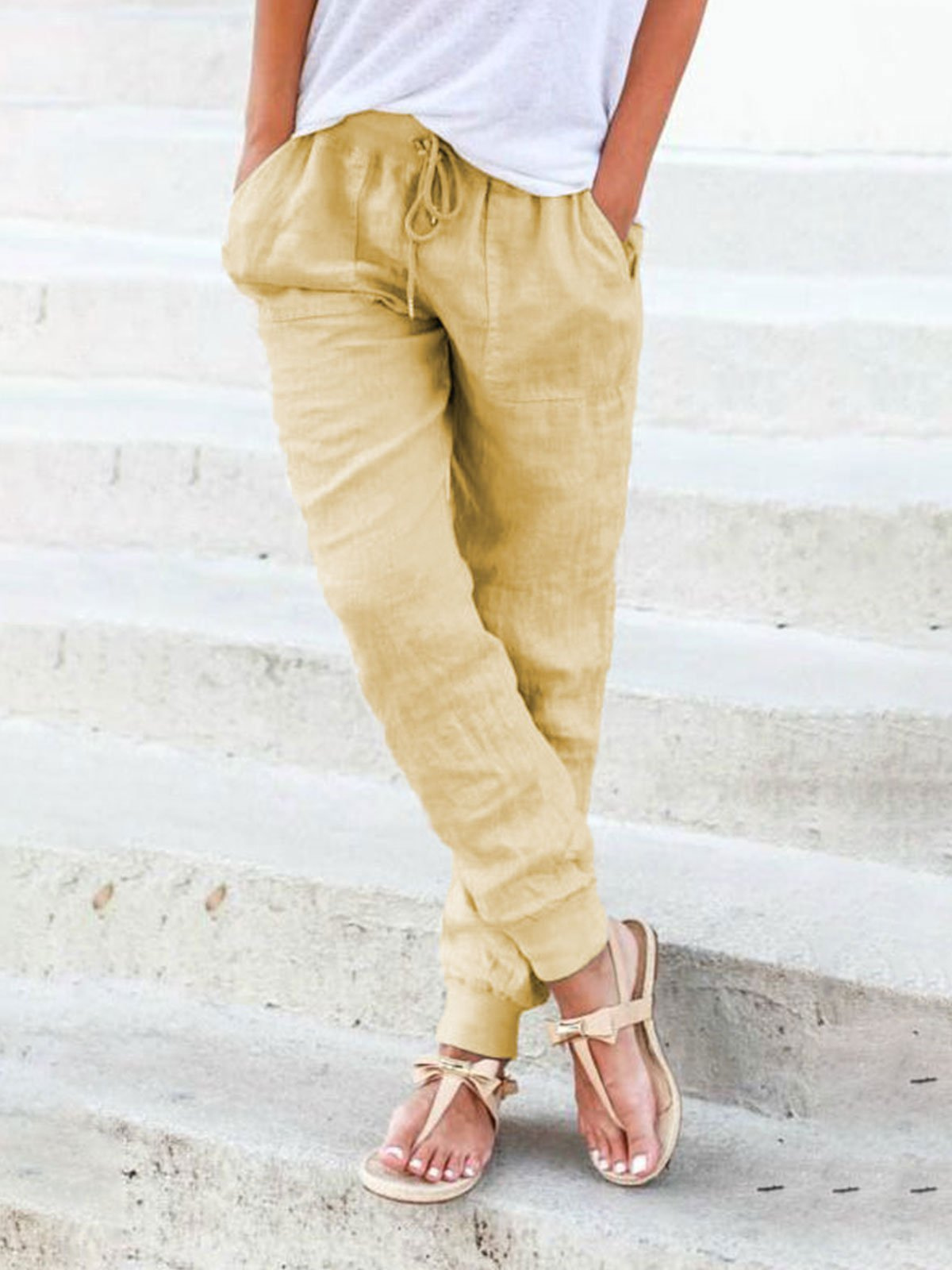 Pantalon Lin Femme Jambes Fuselées – Taille Élastique Lien à Nouer | Style Naturel pour l'Été