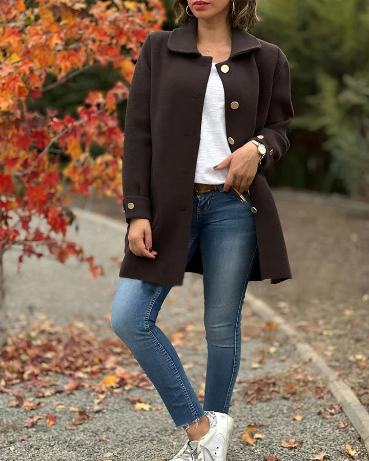 Manteau femme mi-long en laine mélangée - coupe droite avec boutons et col classique