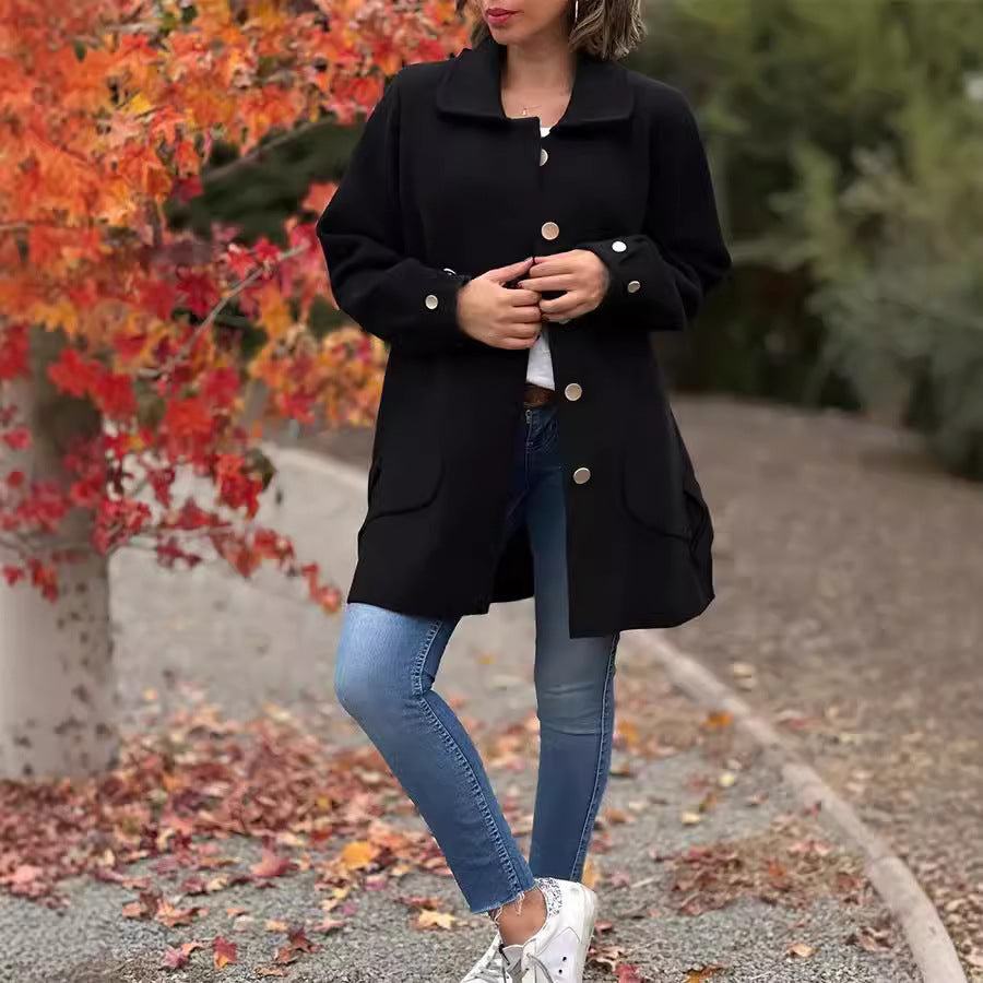 Manteau femme mi-long en laine mélangée - coupe droite avec boutons et col classique