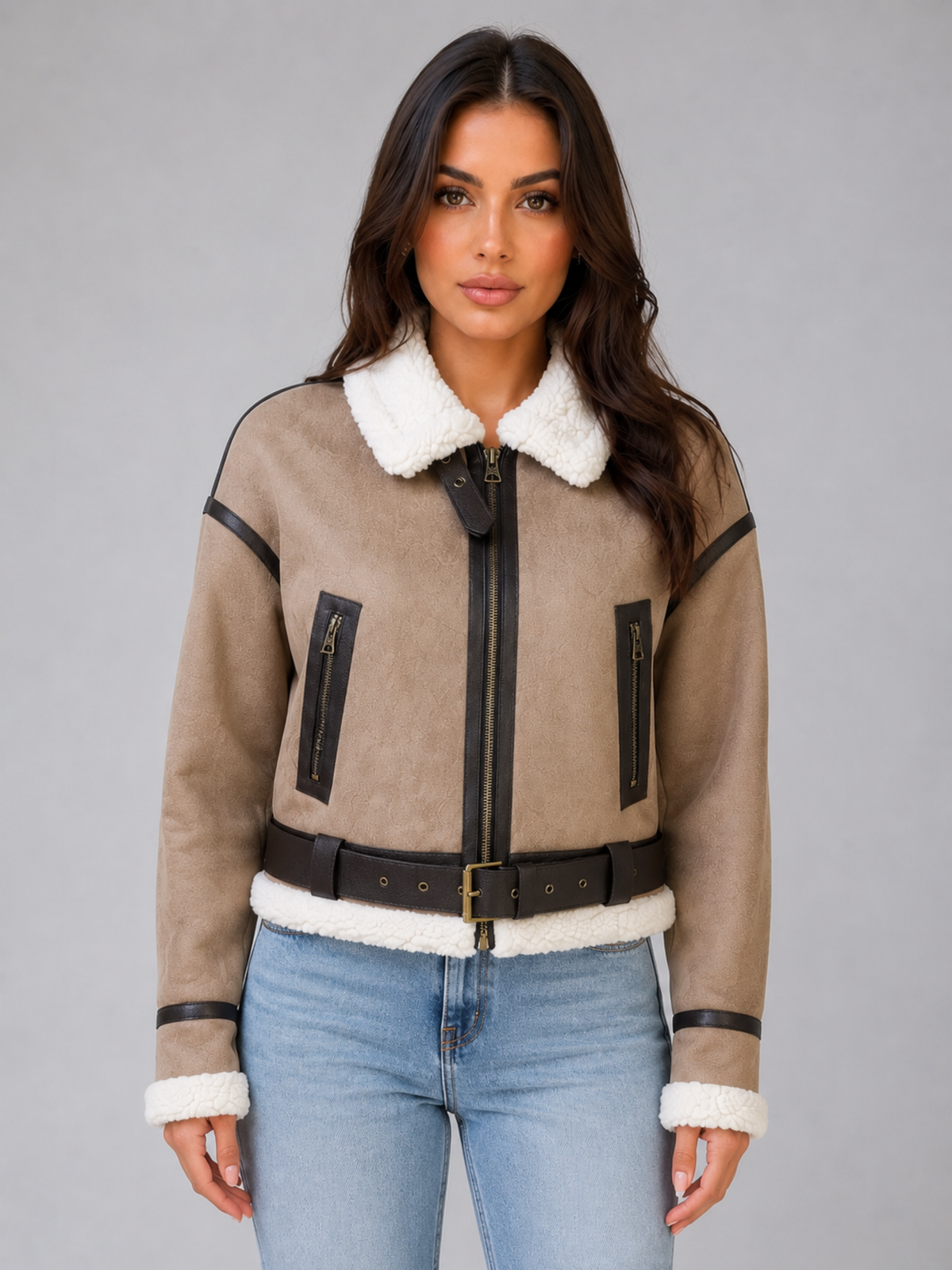 Veste Aviateur Femme Suédée – Col Fourrure Fermeture Zippée | Style Vintage Automne Hiver