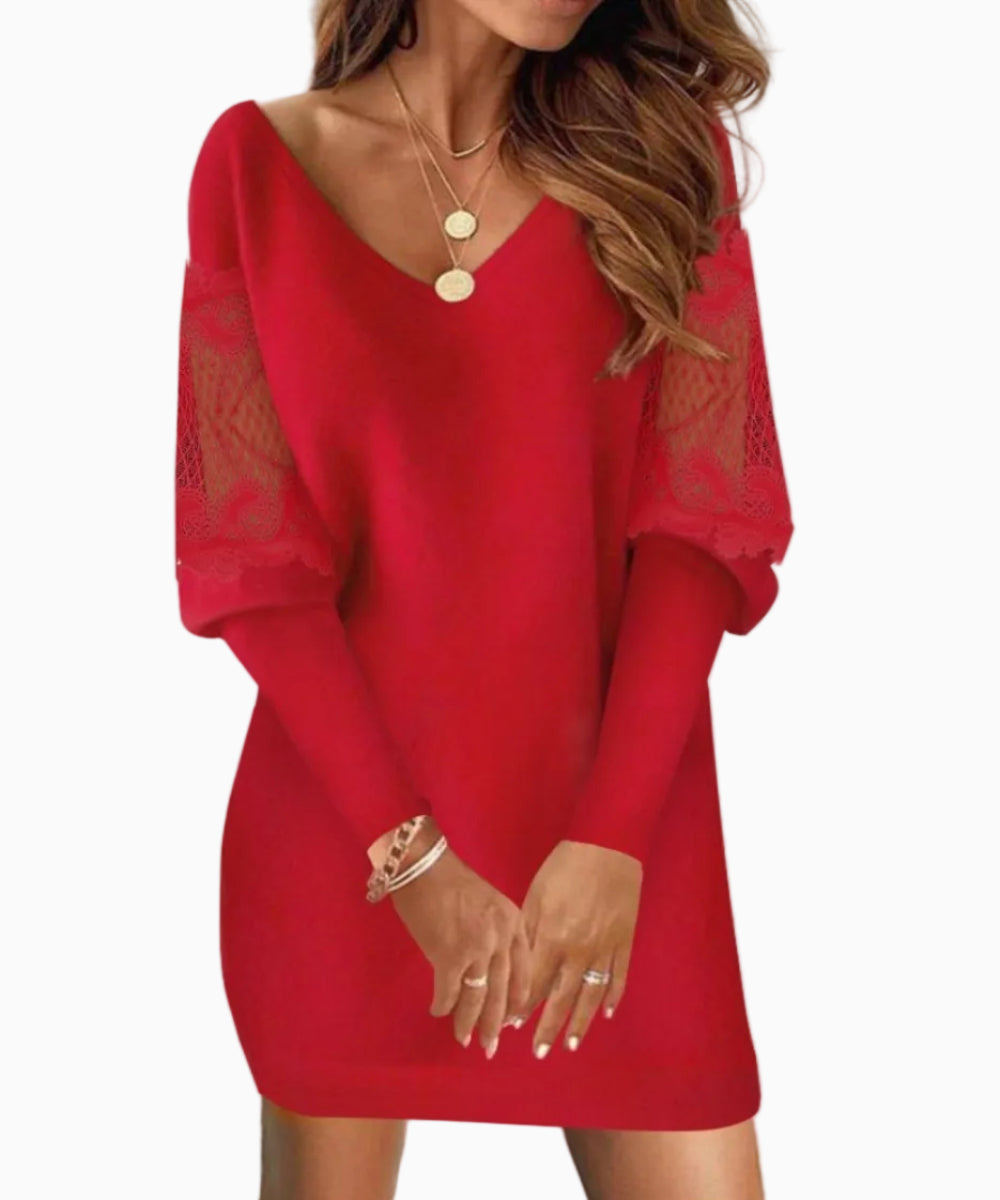Robe Mini Femme Col V – Manches Longues Empiècements Dentelle | Soirée & Occasions Chic