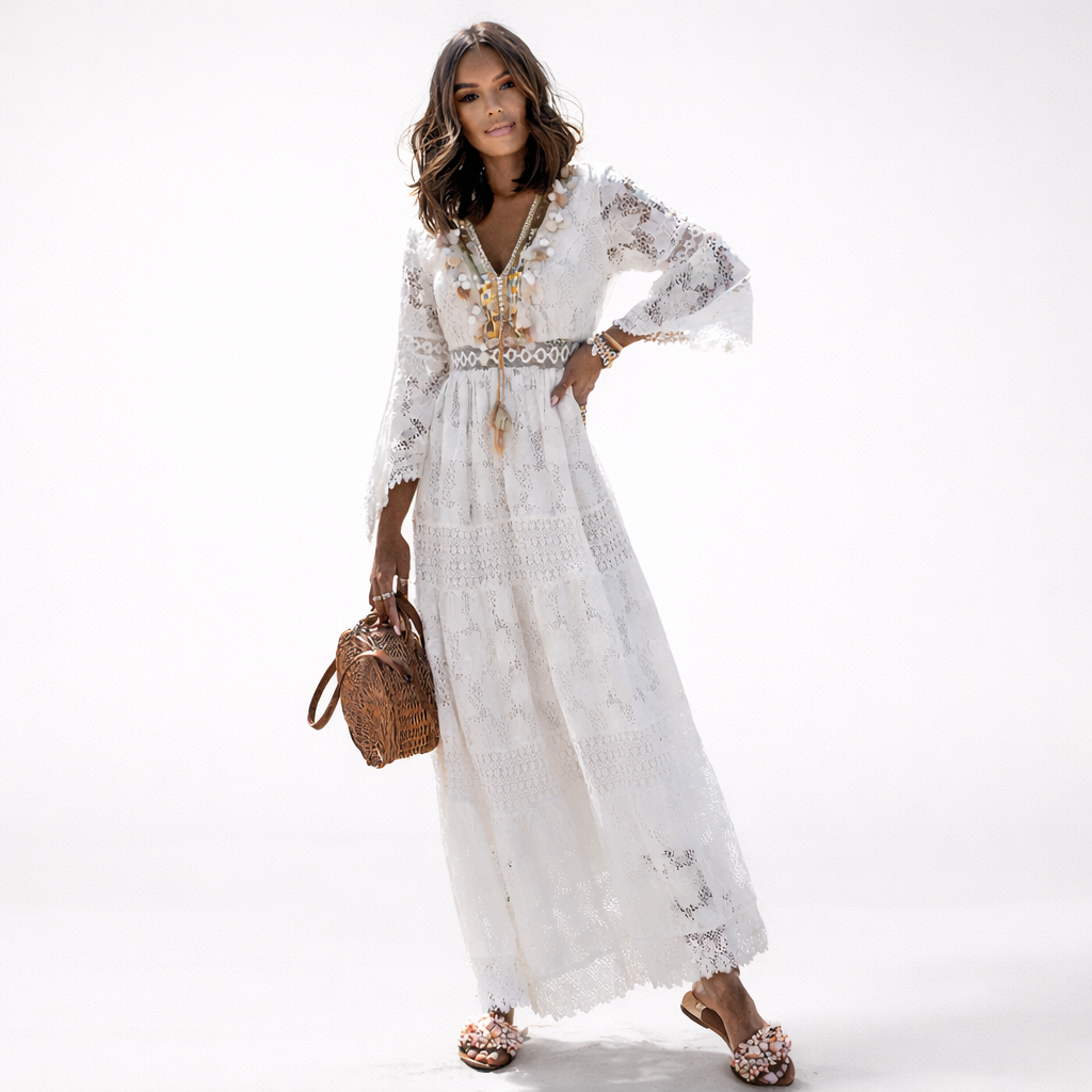 Robe Longue Femme Dentelle – Col V Manches Évasées | Look Romantique & Estival