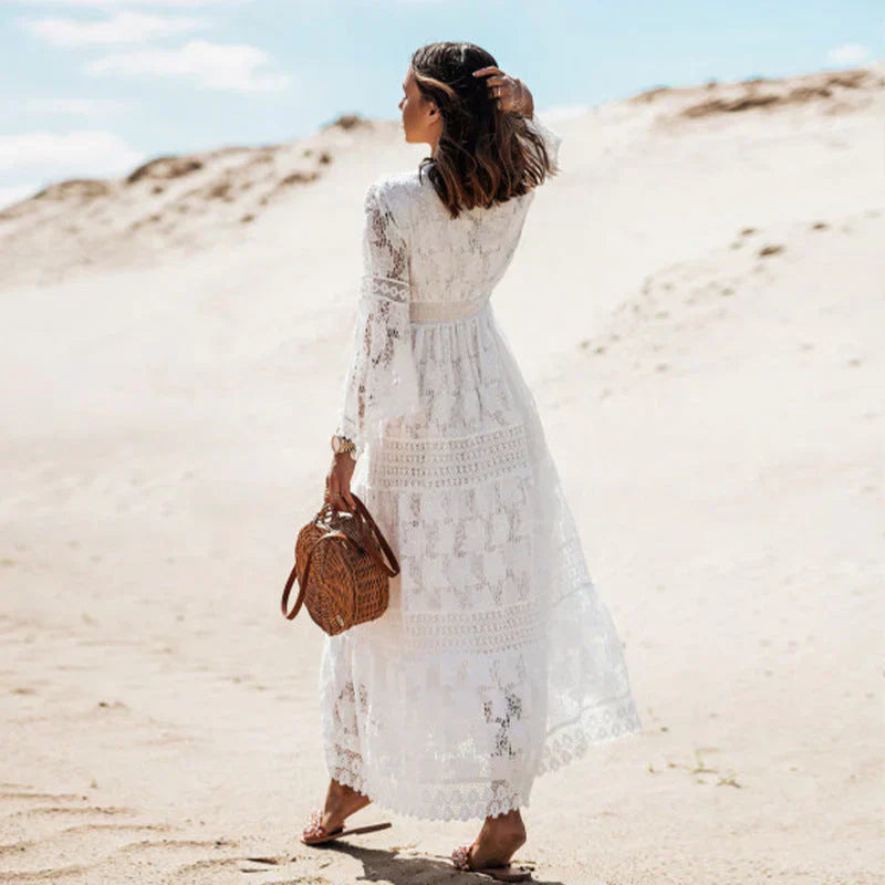 Robe Longue Femme Dentelle – Col V Manches Évasées | Look Romantique & Estival