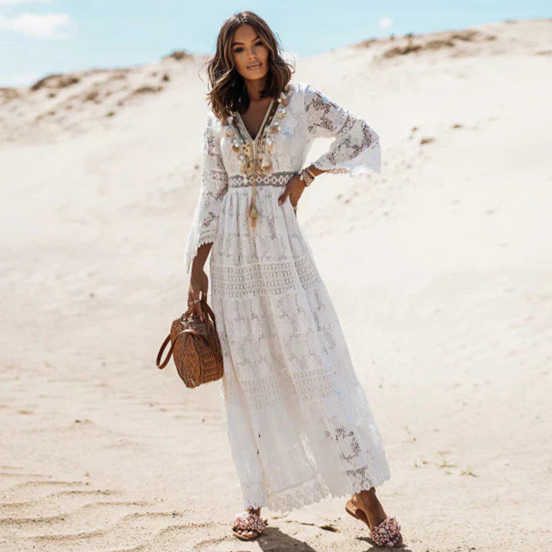 Robe Longue Femme Dentelle – Col V Manches Évasées | Look Romantique & Estival