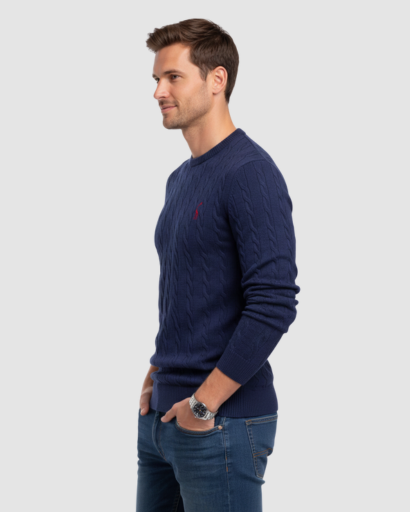 Pull Homme Maille Torsadée – Col Rond Style Polo Chaud | Élégance Casual Automne Hiver
