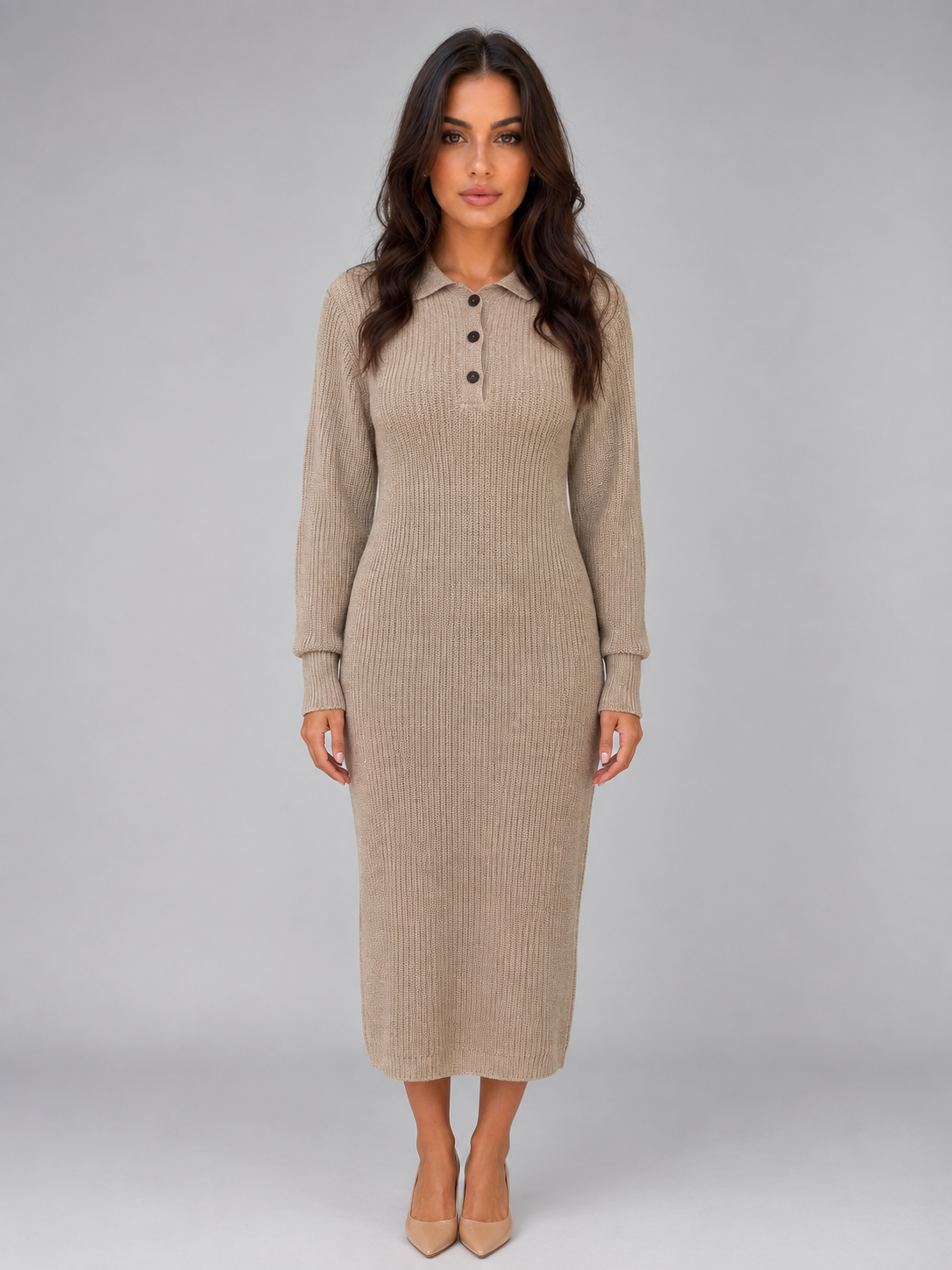 Robe Pull Col Polo Femme Maille Tricotée – Coupe Mi-Longue | Élégance Décontractée Hiver