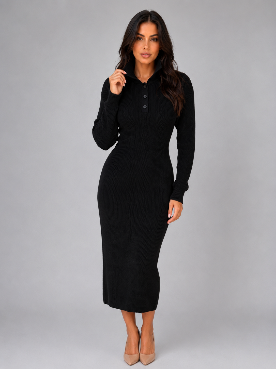 Robe Pull Col Polo Femme Maille Tricotée – Coupe Mi-Longue | Élégance Décontractée Hiver