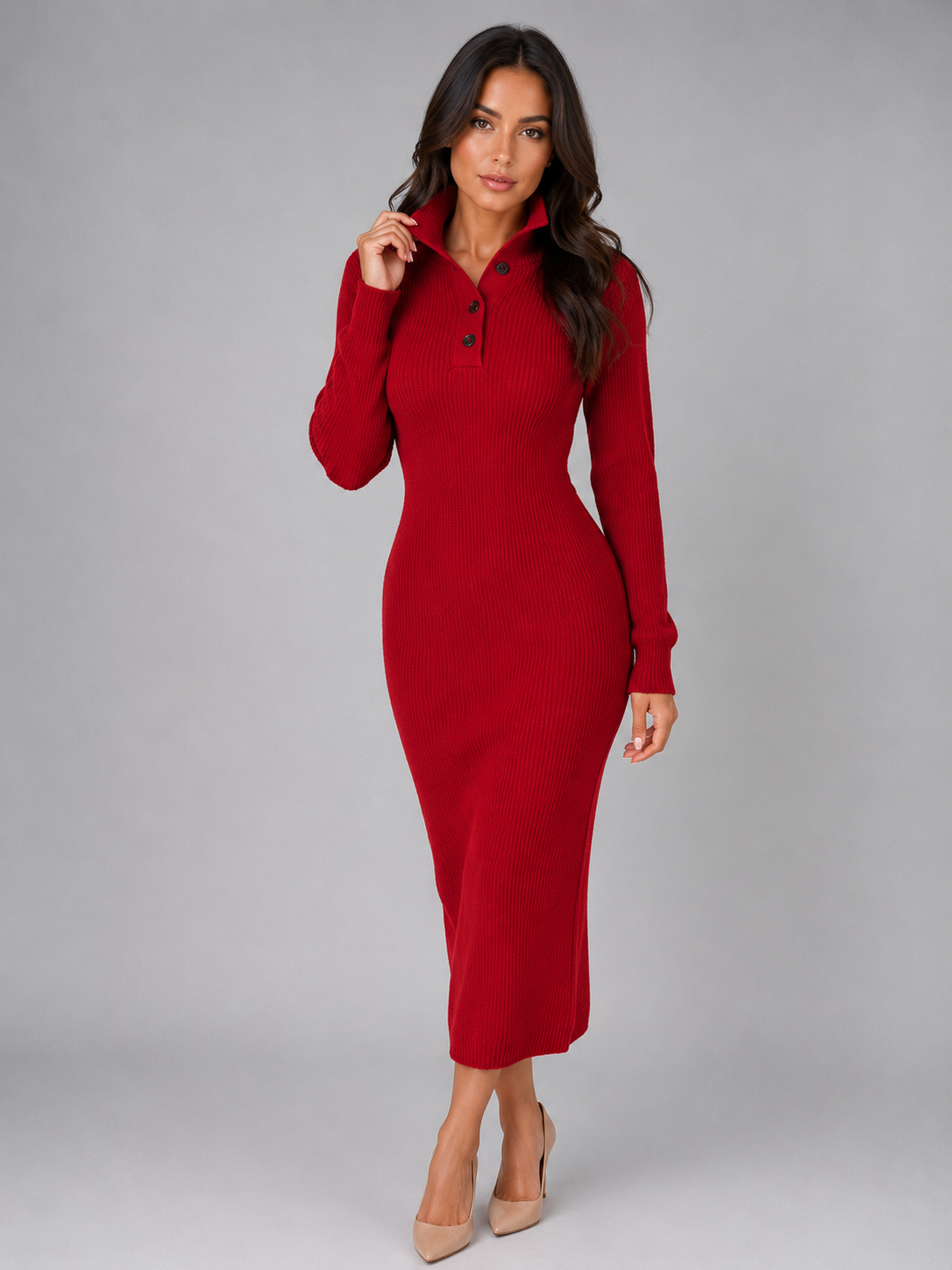 Robe Pull Col Polo Femme Maille Tricotée – Coupe Mi-Longue | Élégance Décontractée Hiver