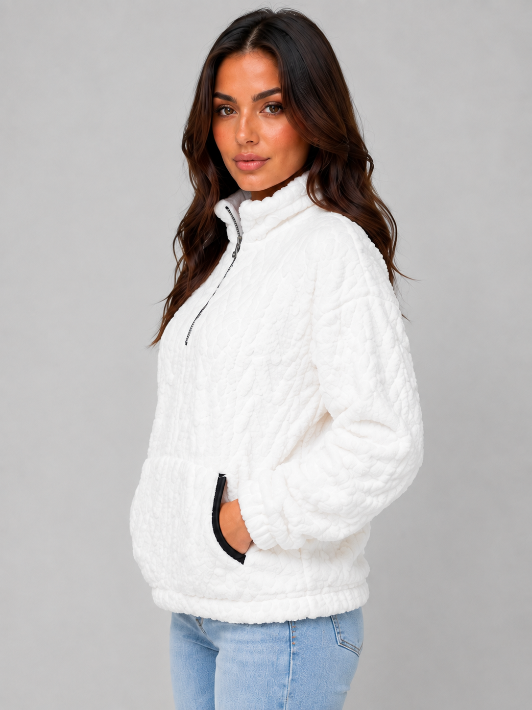 Pull Femme Demi-Zip Moelleux – Matière Plush Confort Premium | Cosy & Élégant Hiver