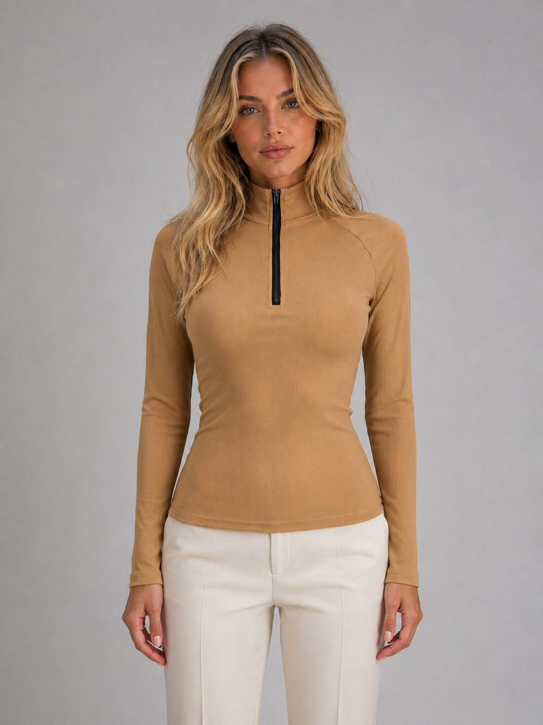Top Femme Demi-Zip Côtelé – Manches Longues Col Montant | Style Casual Chic Automne