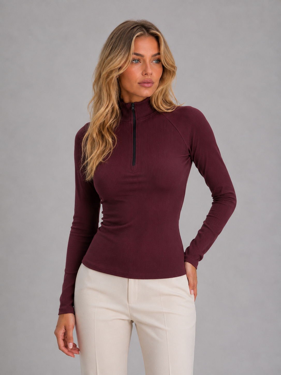Top Femme Demi-Zip Côtelé – Manches Longues Col Montant | Style Casual Chic Automne