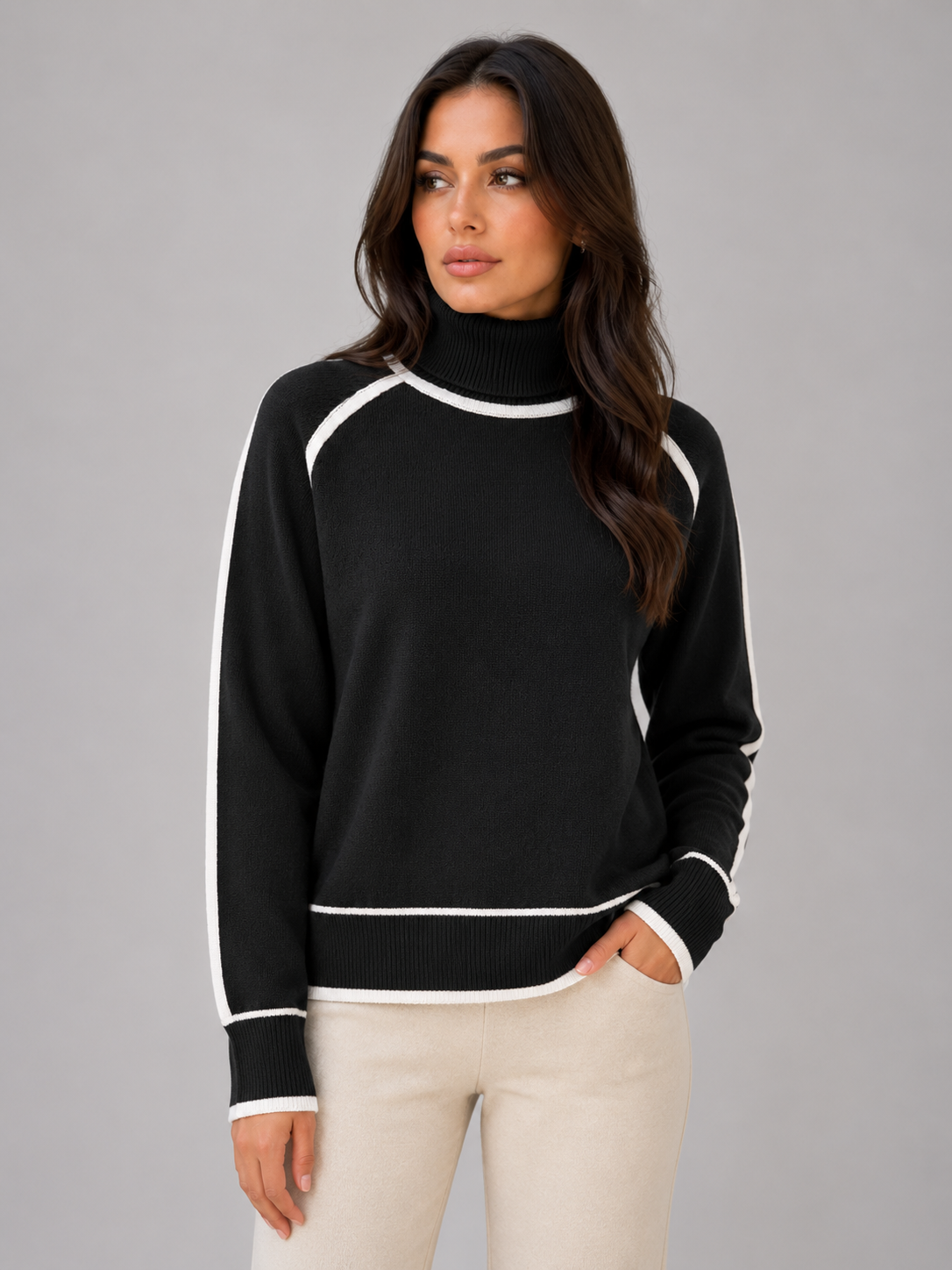 Pull Femme Col Roulé Lisérés Contrastés – Manches Longues Maille Douce | Élégance Hivernale