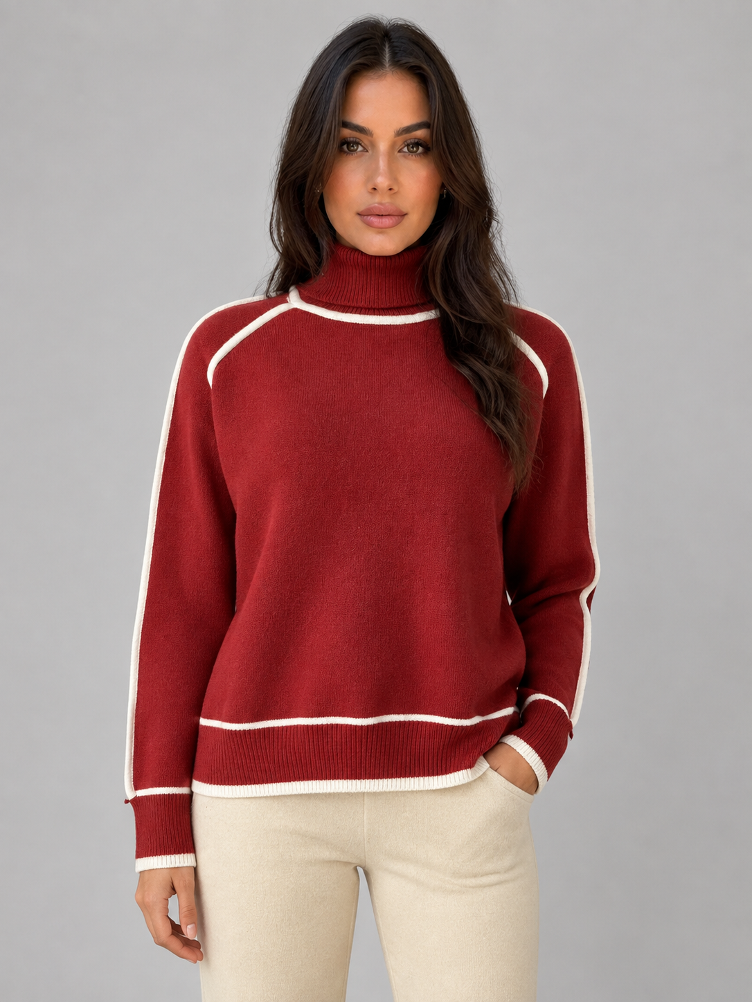 Pull Femme Col Roulé Lisérés Contrastés – Manches Longues Maille Douce | Élégance Hivernale