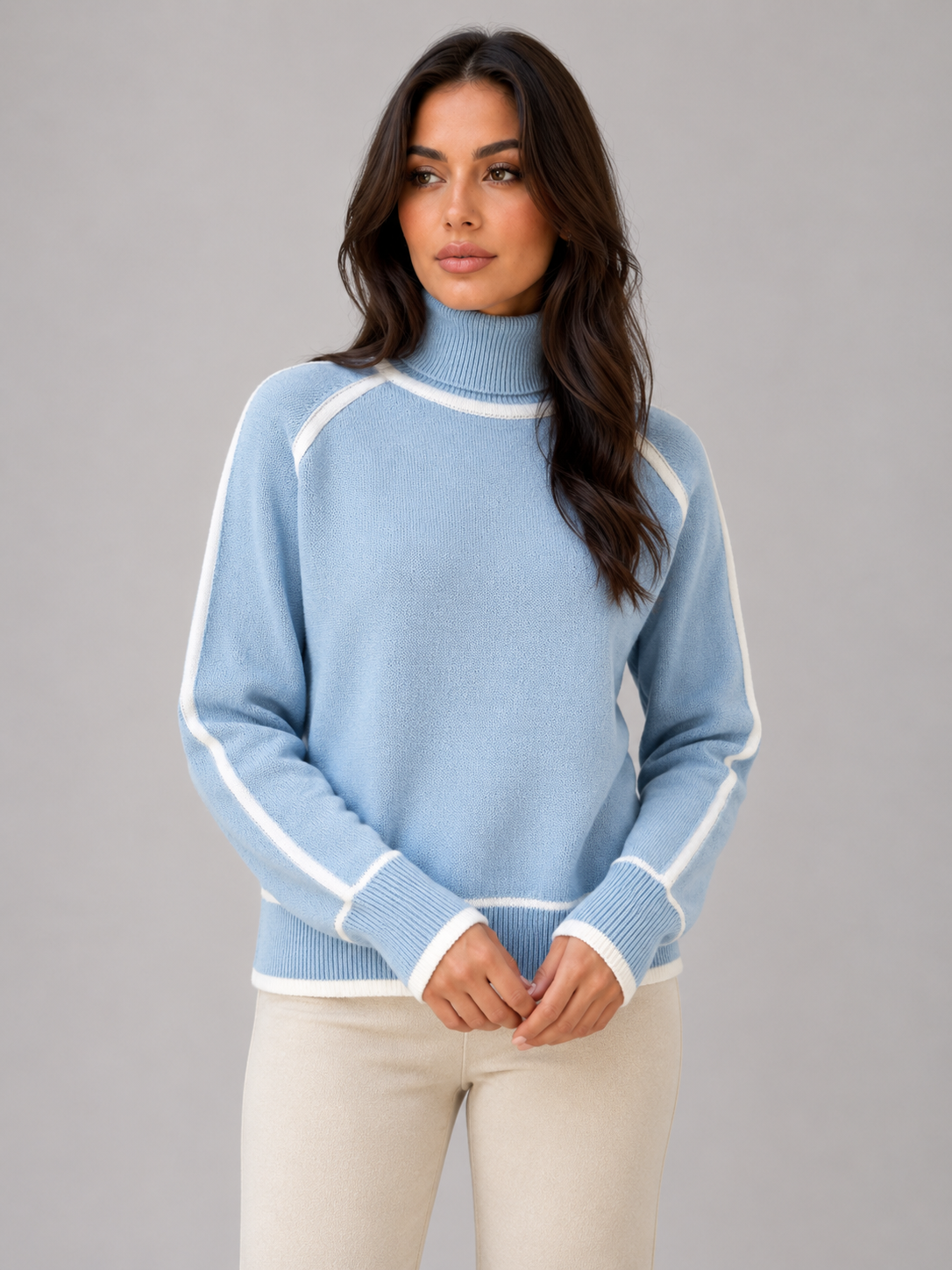 Pull Femme Col Roulé Lisérés Contrastés – Manches Longues Maille Douce | Élégance Hivernale