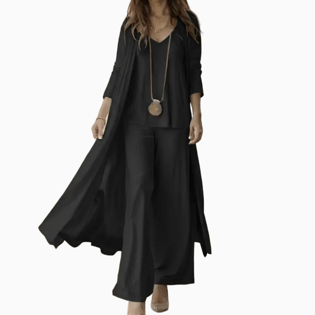 Ensemble Femme Trois Pièces – Cardigan Long, Top Col V & Pantalon Large | Style Raffiné