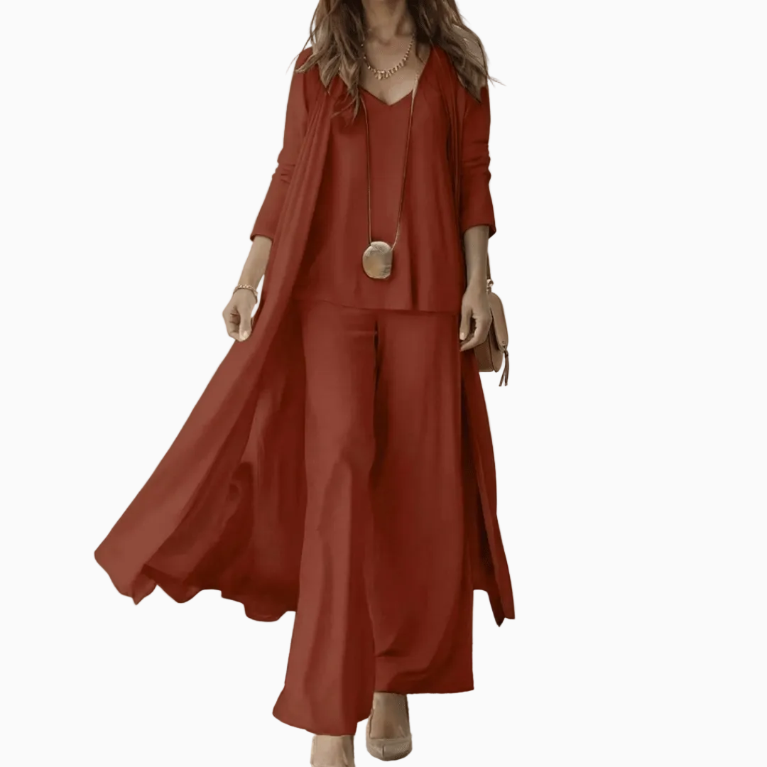 Ensemble Femme Trois Pièces – Cardigan Long, Top Col V & Pantalon Large | Style Raffiné