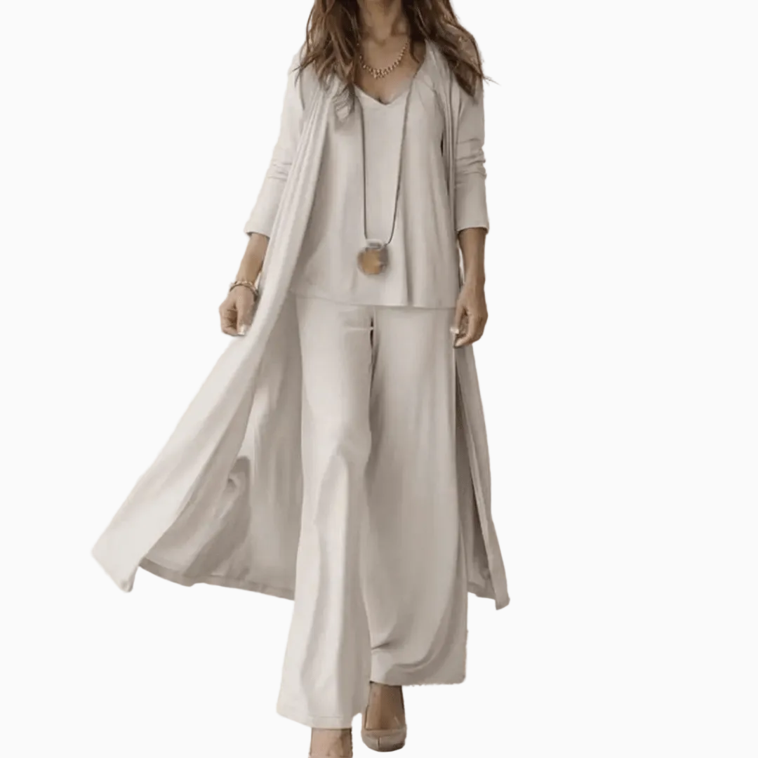 Ensemble Femme Trois Pièces – Cardigan Long, Top Col V & Pantalon Large | Style Raffiné