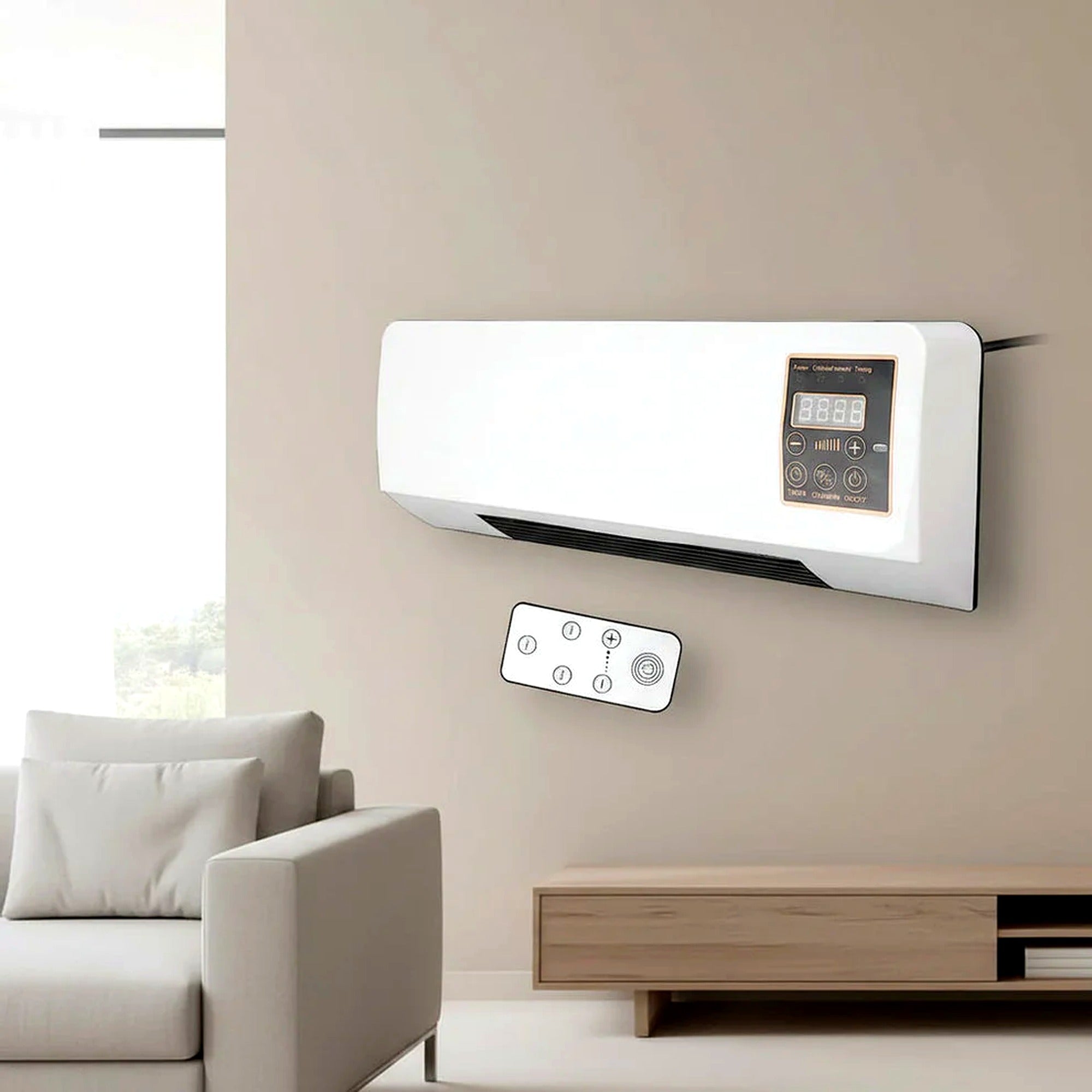 Ventilateur Mural Chauffant 2-en-1 – Air Frais & Air Chaud Minuterie LCD | Silencieux & Télécommande
