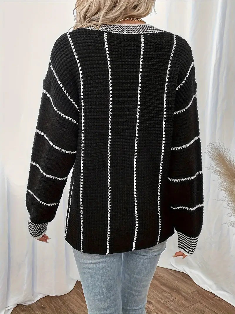 Pull femme à rayures verticales – tricot doux à col en V et manches longues