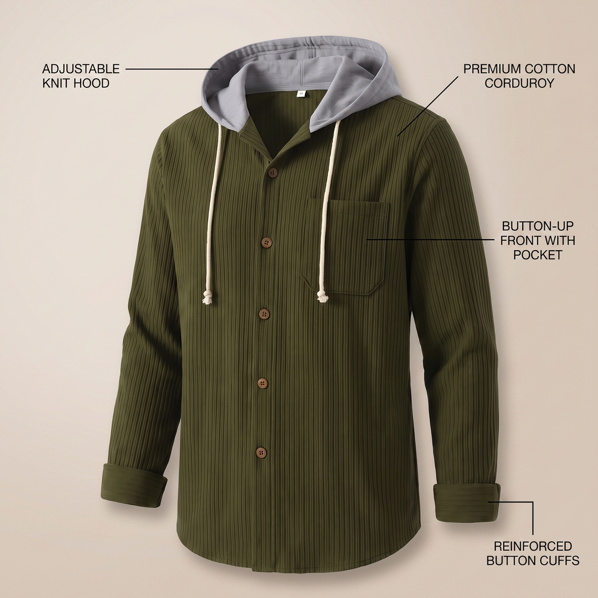 Sweat à Capuche Homme Boutonné Maille Gaufrée – Veste Surchemise Coupe Ample | Style Casual Mi-Saison