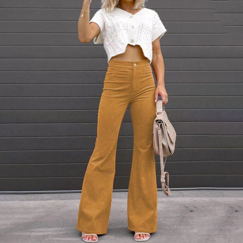 Pantalon Femme Évasé Taille Haute – Coupe Courbe Fermeture Boutonnée | Style Rétro & Chic