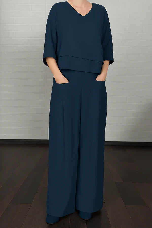 Ensemble deux pièces femme en lin mélangé – top ample à col en V et pantalon large