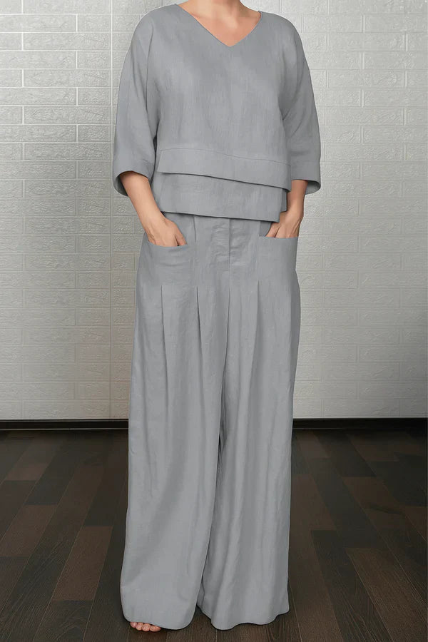 Ensemble deux pièces femme en lin mélangé – top ample à col en V et pantalon large