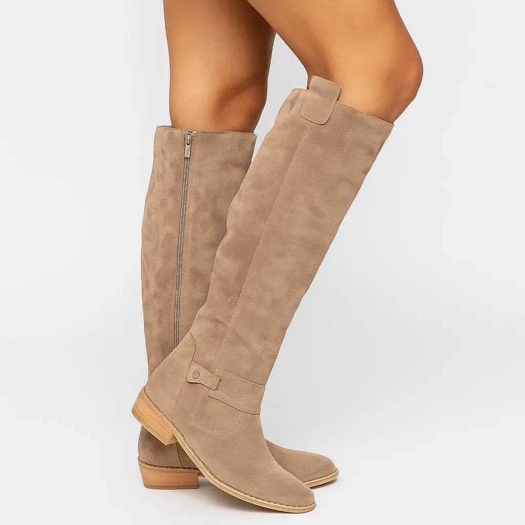 Bottes Hautes Femme Suédées Talon Bloc – Zip Latéral | Élégance & Confort Toute Saison