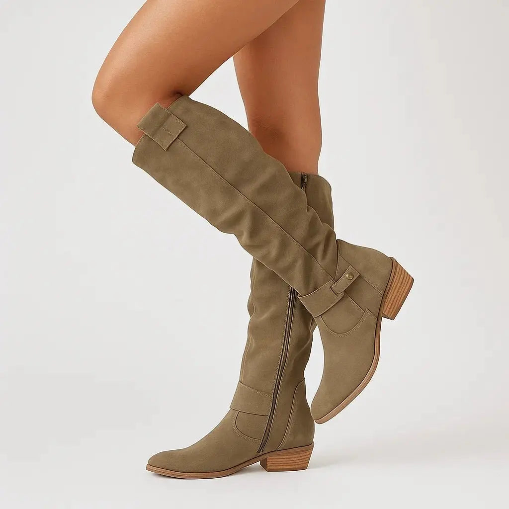 Bottes Hautes Femme Suédées Talon Bloc – Zip Latéral | Élégance & Confort Toute Saison