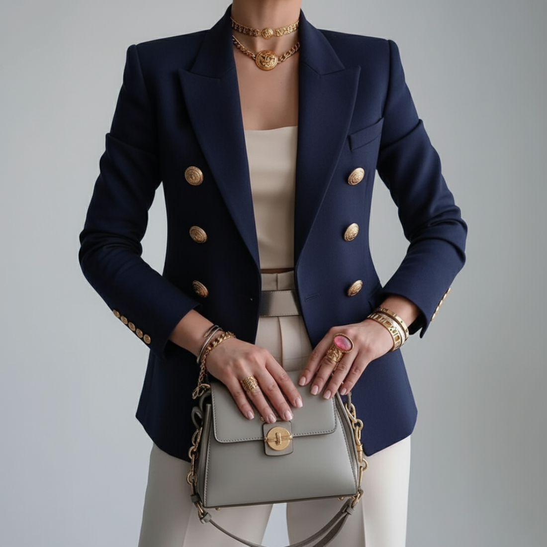 Blazer Femme Double Boutonnage – Coupe Ajustée Boutons Dorés | Élégance Professionnelle