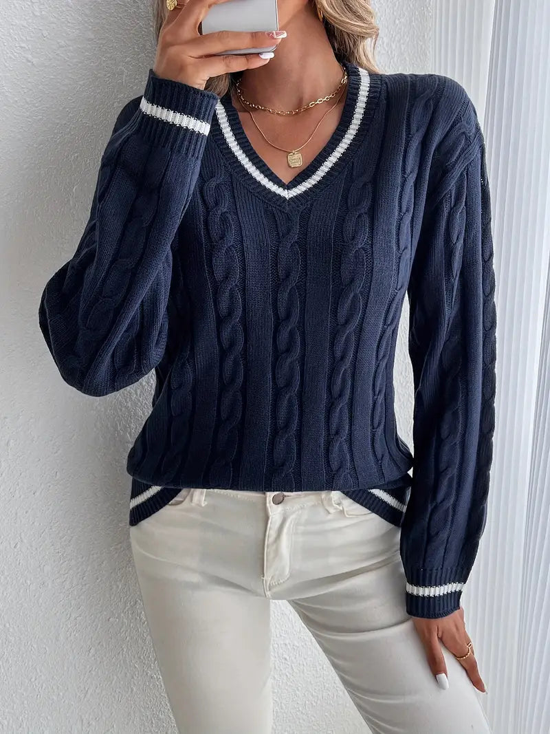 Pull Femme Col V Torsades – Rayures Contrastées Manches Longues | Chic & Douillet