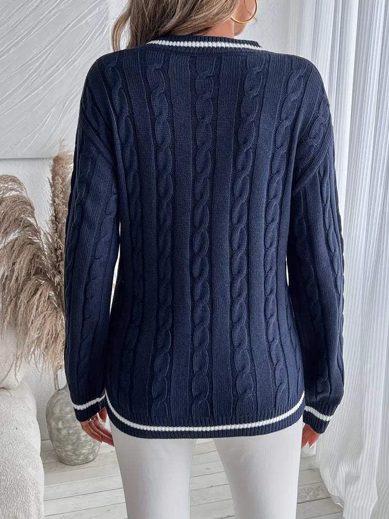 Pull Femme Col V Torsades – Rayures Contrastées Manches Longues | Chic & Douillet