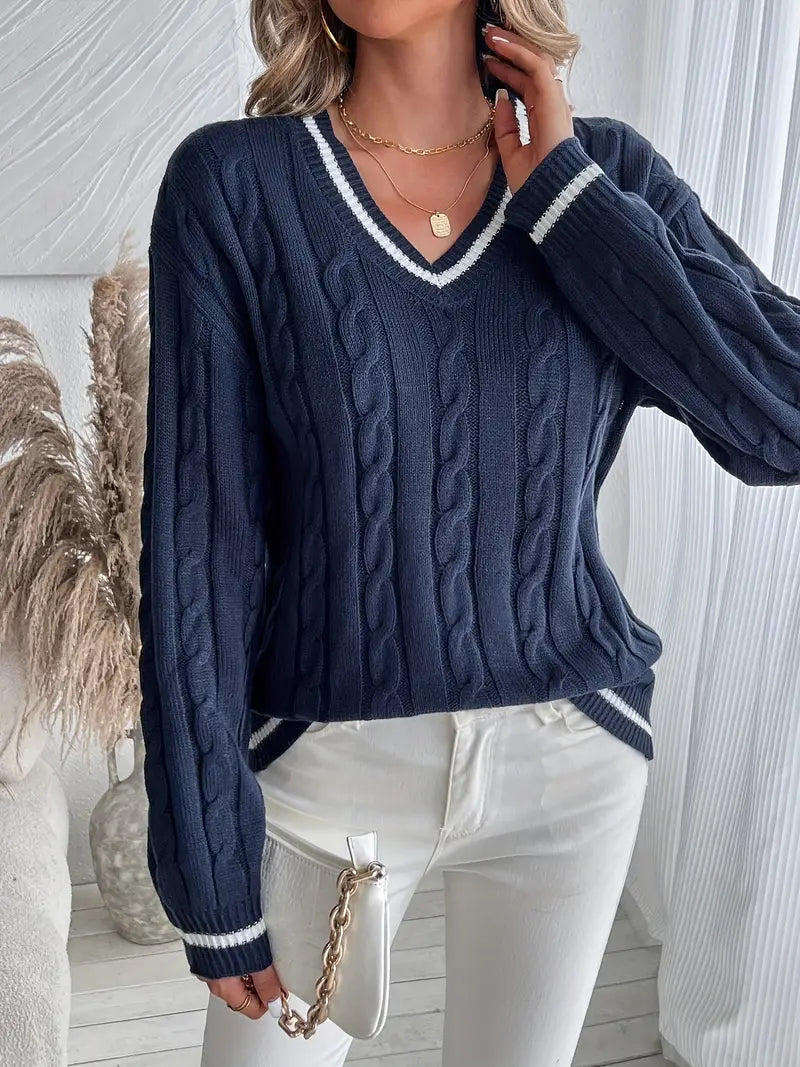 Pull Femme Col V Torsades – Rayures Contrastées Manches Longues | Chic & Douillet