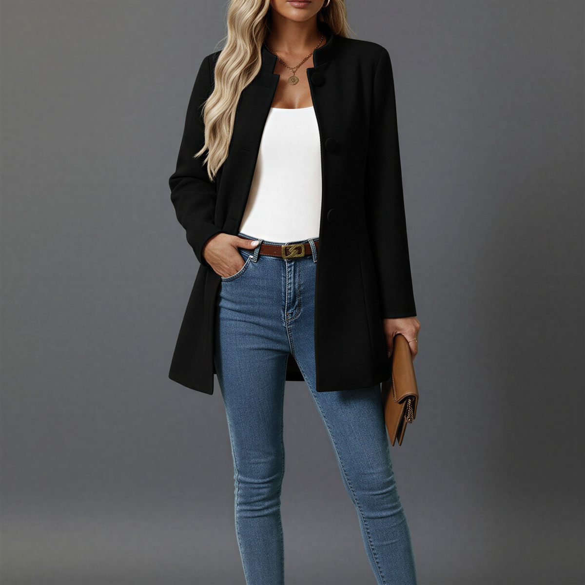 Manteau Femme Trapèze Boutonné – Col Officier Coupe Mi-Longue | Élégance Classique