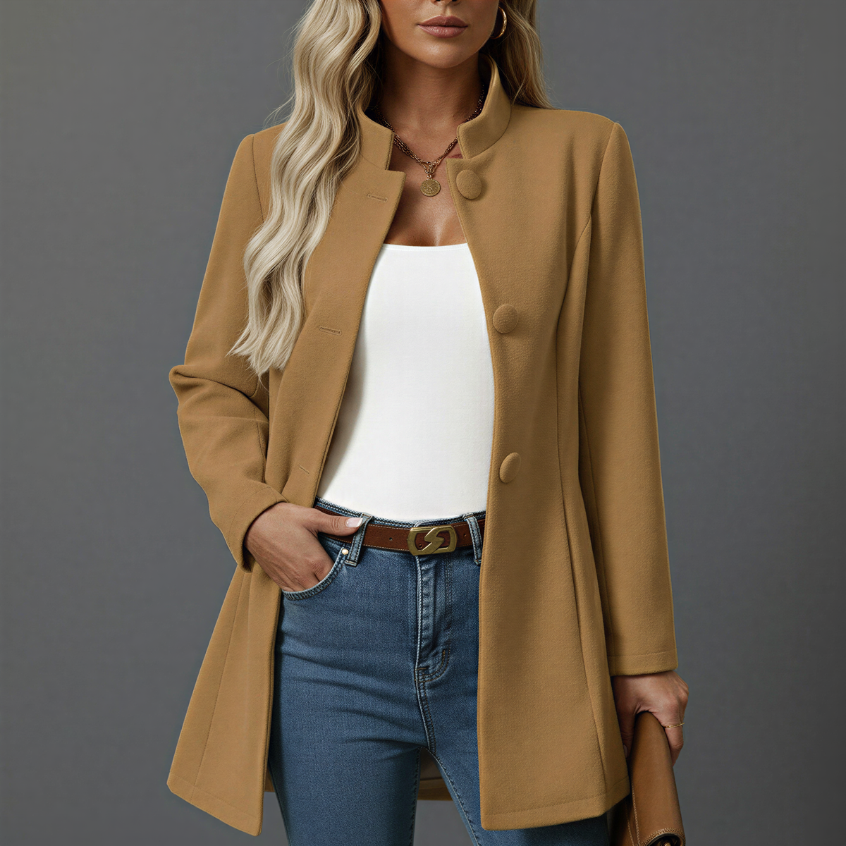 Manteau Femme Trapèze Boutonné – Col Officier Coupe Mi-Longue | Élégance Classique