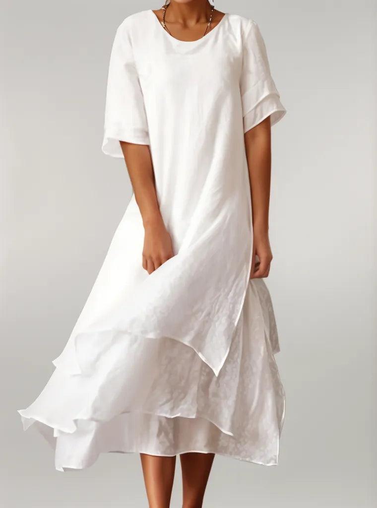 Robe midi femme en lin mélangé – coupe ample à volants superposés et manches mi-longues