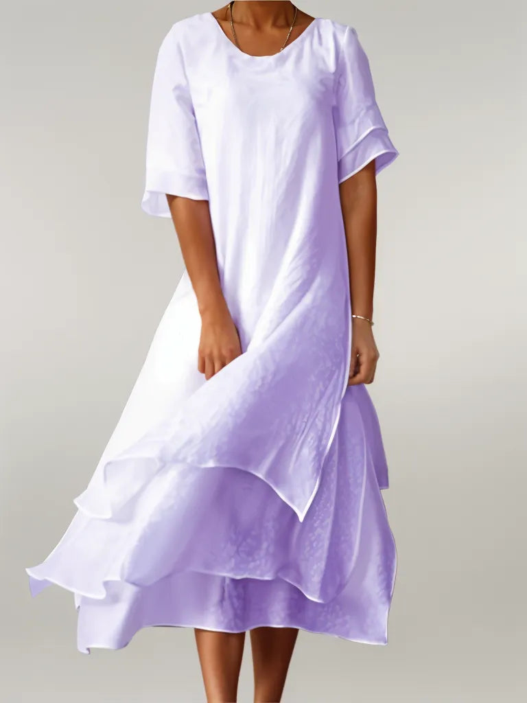 Robe midi femme en lin mélangé – coupe ample à volants superposés et manches mi-longues