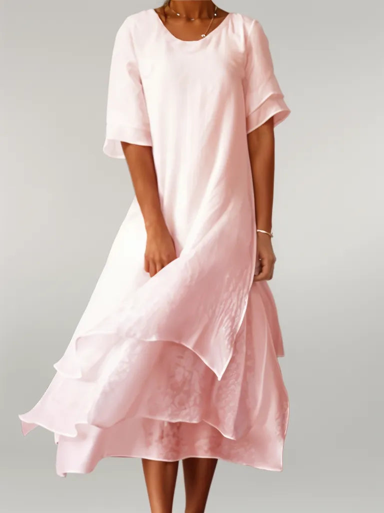 Robe midi femme en lin mélangé – coupe ample à volants superposés et manches mi-longues