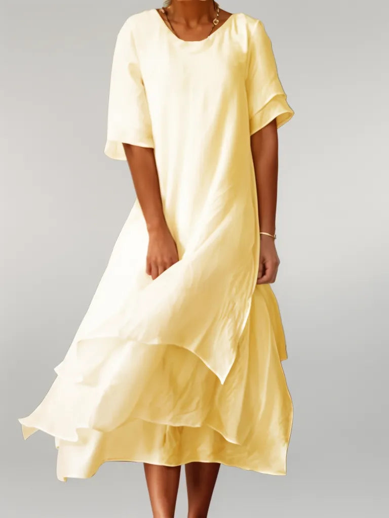 Robe midi femme en lin mélangé – coupe ample à volants superposés et manches mi-longues