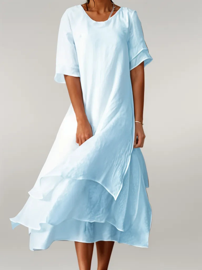 Robe midi femme en lin mélangé – coupe ample à volants superposés et manches mi-longues