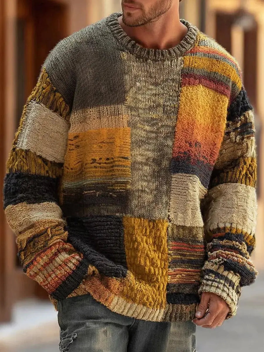 Pull Homme Col Rond Patchwork Colorblock – Maille Chunky Oversize | Style Vintage Artistique