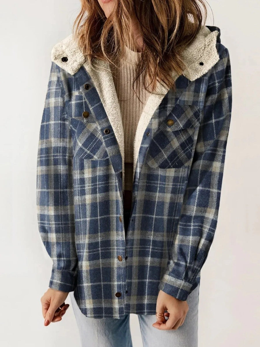 Veste Femme à Carreaux Capuche – Doublure Sherpa Fermeture Boutonnée | Style Cosy Automne Hiver