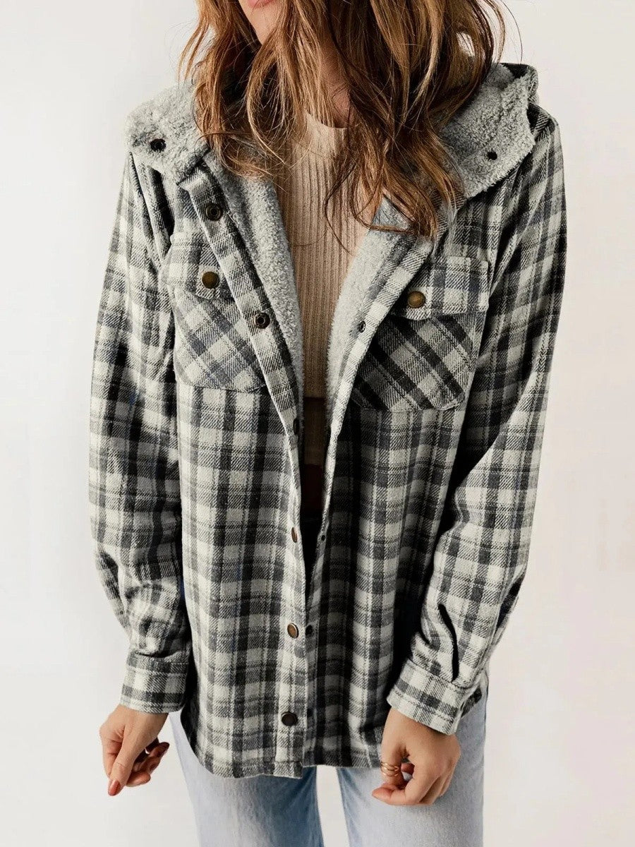 Veste Femme à Carreaux Capuche – Doublure Sherpa Fermeture Boutonnée | Style Cosy Automne Hiver