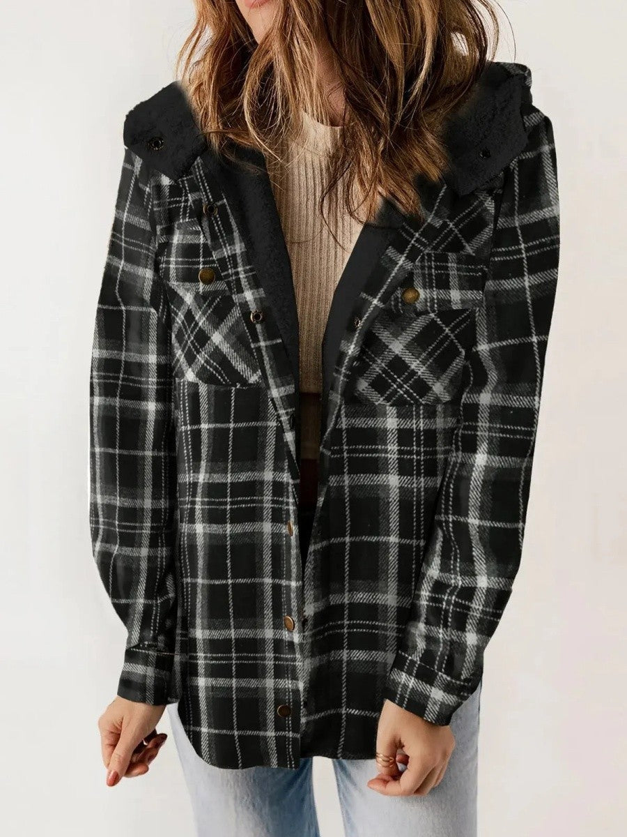 Veste Femme à Carreaux Capuche – Doublure Sherpa Fermeture Boutonnée | Style Cosy Automne Hiver