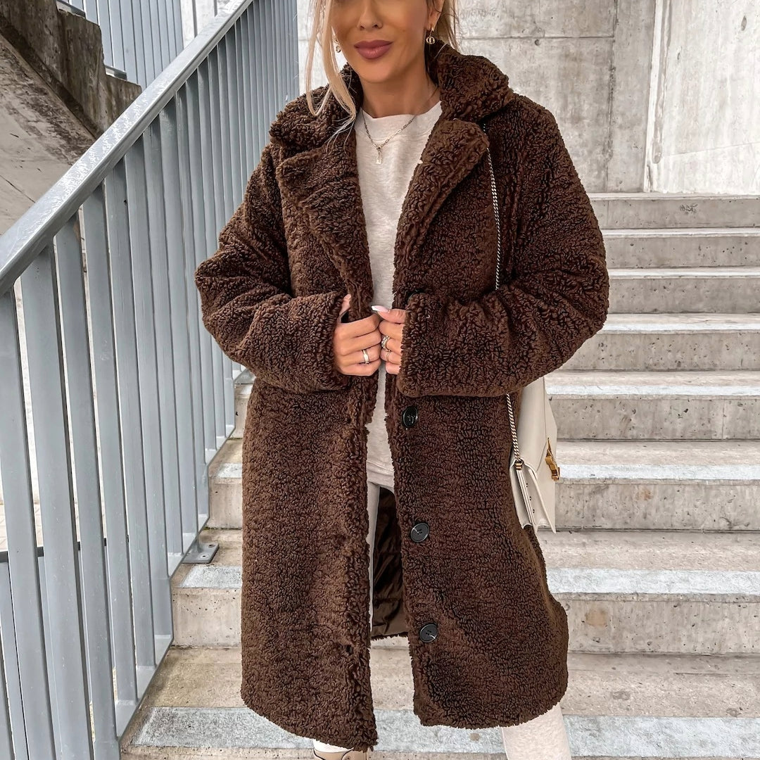 Manteau Long Femme Teddy – Coupe Oversize Boutons Col Cranté | Chaleur & Élégance Hiver