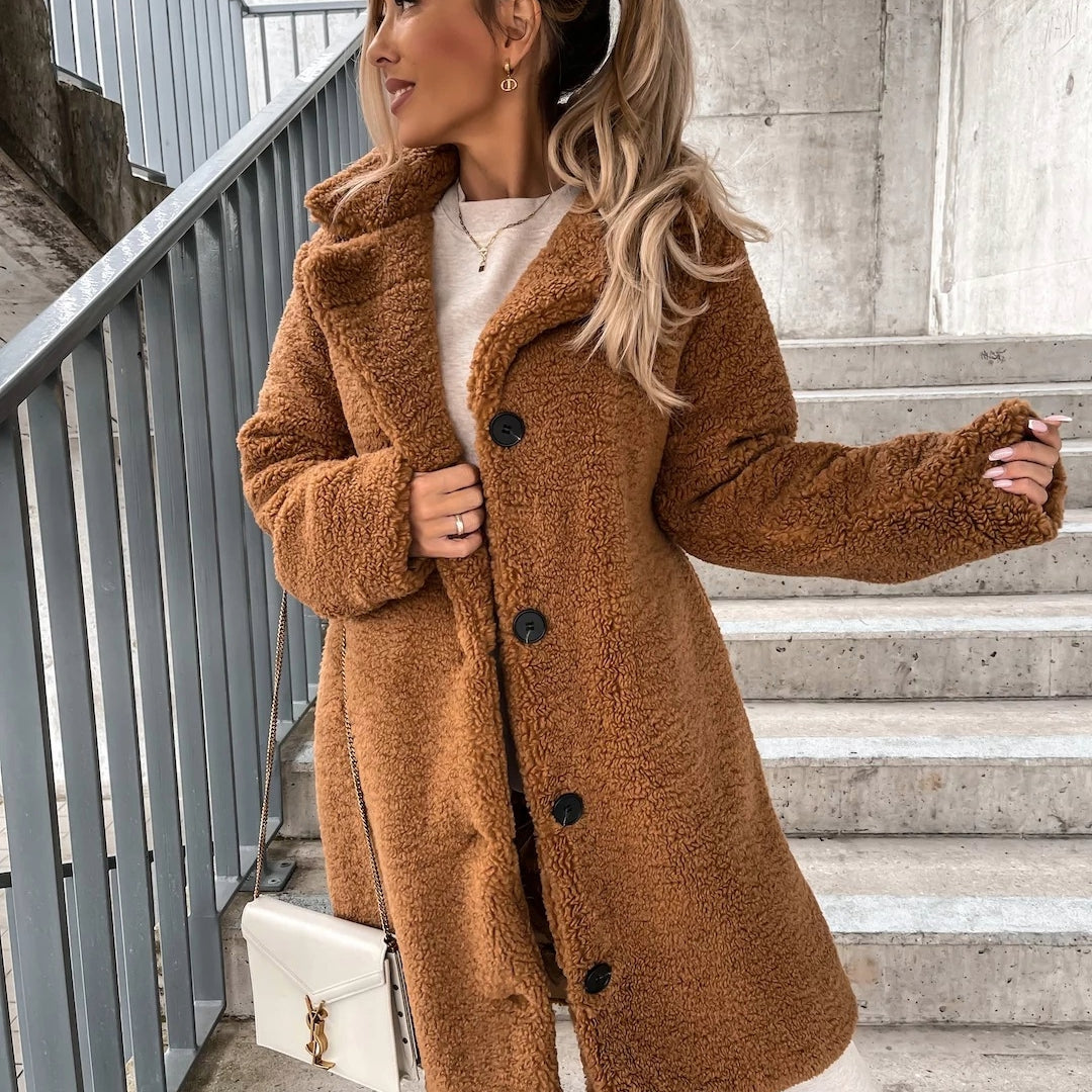 Manteau Long Femme Teddy – Coupe Oversize Boutons Col Cranté | Chaleur & Élégance Hiver