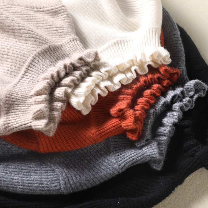 Pull Col Montant Femme Maille Côtelée à Volants – Coupe Ajustée Manches Longues | Élégance d'Hiver