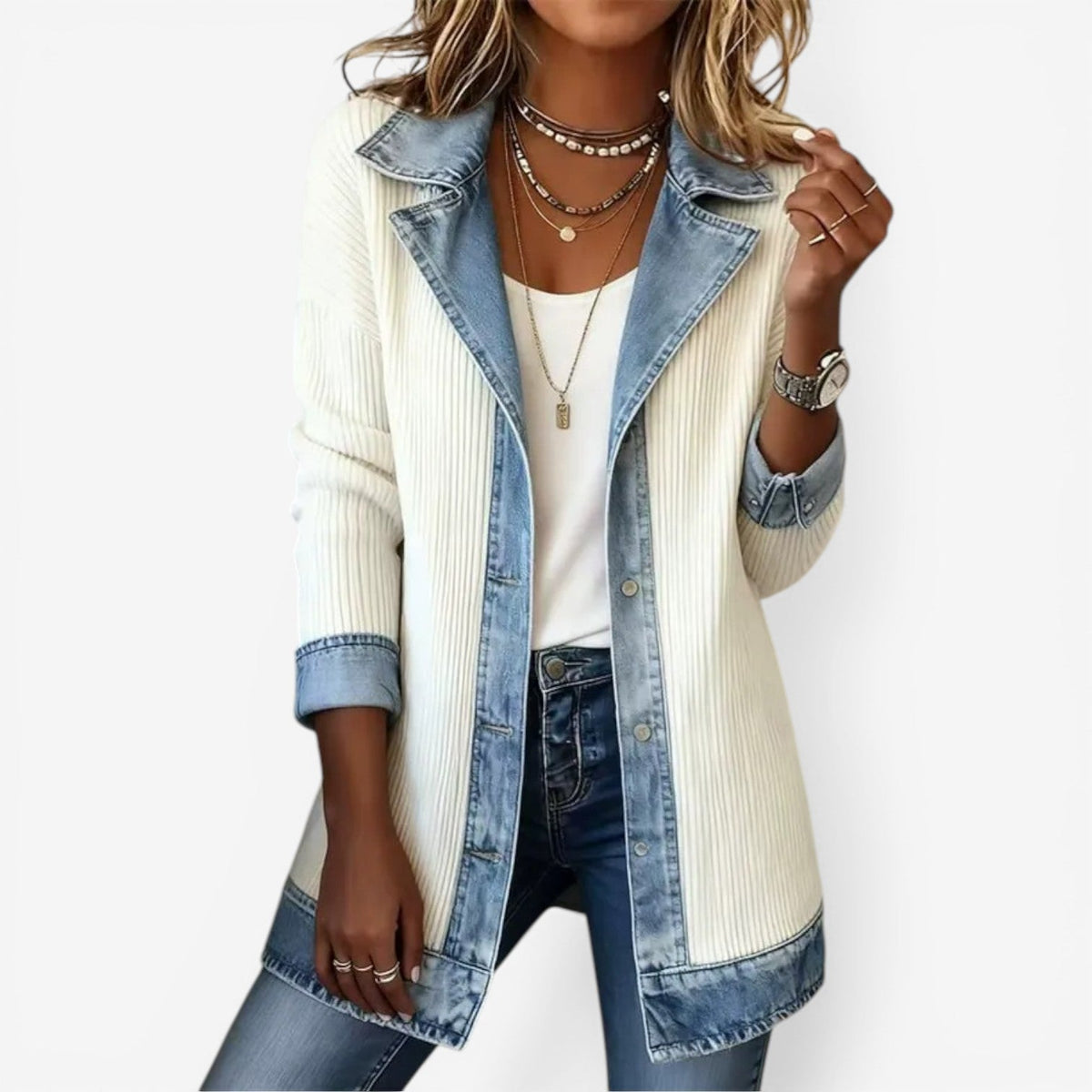 Veste Femme Hybride Denim & Maille – Col Cranté Fermeture Boutonnée | Style Casual Chic